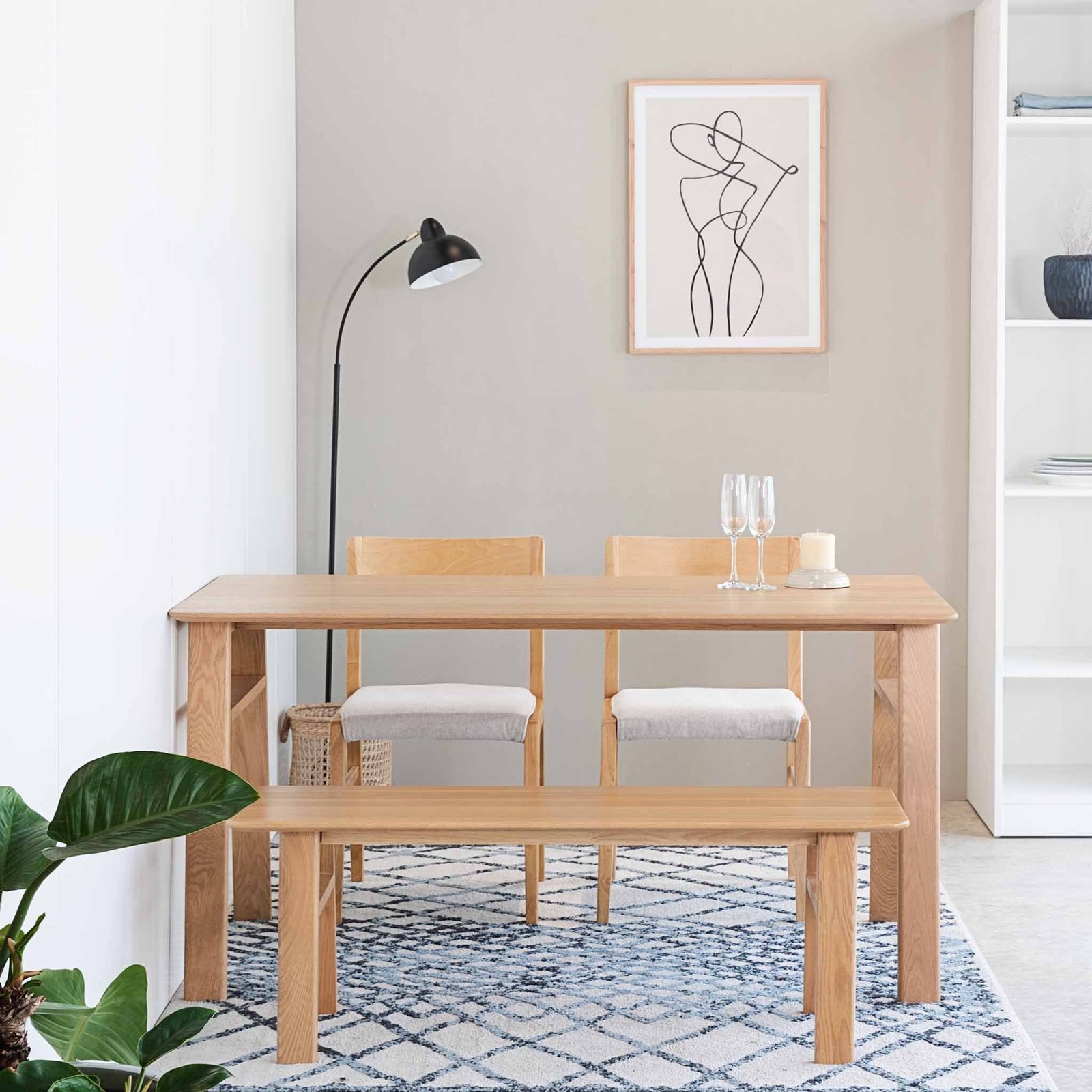 Bộ bàn ăn gỗ sồi kết hợp ghế đơn và ghế băng dài