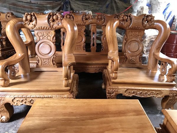 Bộ bàn ghế gỗ Gõ Đỏ tay 16 chạm khắc đào tiên tinh xảo