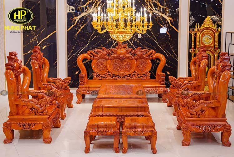 Bộ bàn ghế gỗ hương đá cột 16 11 món cho phòng khách