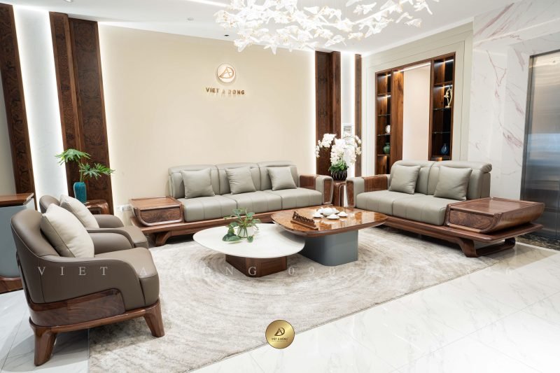 Bộ bàn ghế phòng khách chế tác từ gỗ mai lai với vân gỗ tự nhiên tuyệt đẹp và thiết kế sang trọng