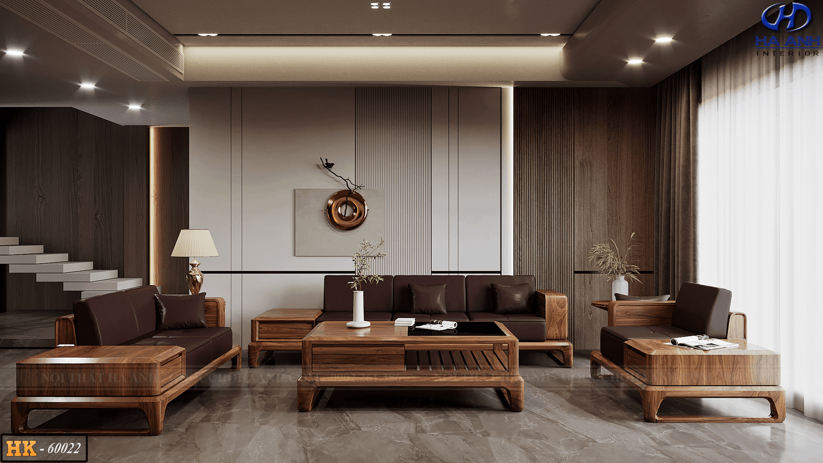 Bộ bàn ghế phòng khách làm từ gỗ măn chun với thiết kế sang trọng và đường vân gỗ nổi bật