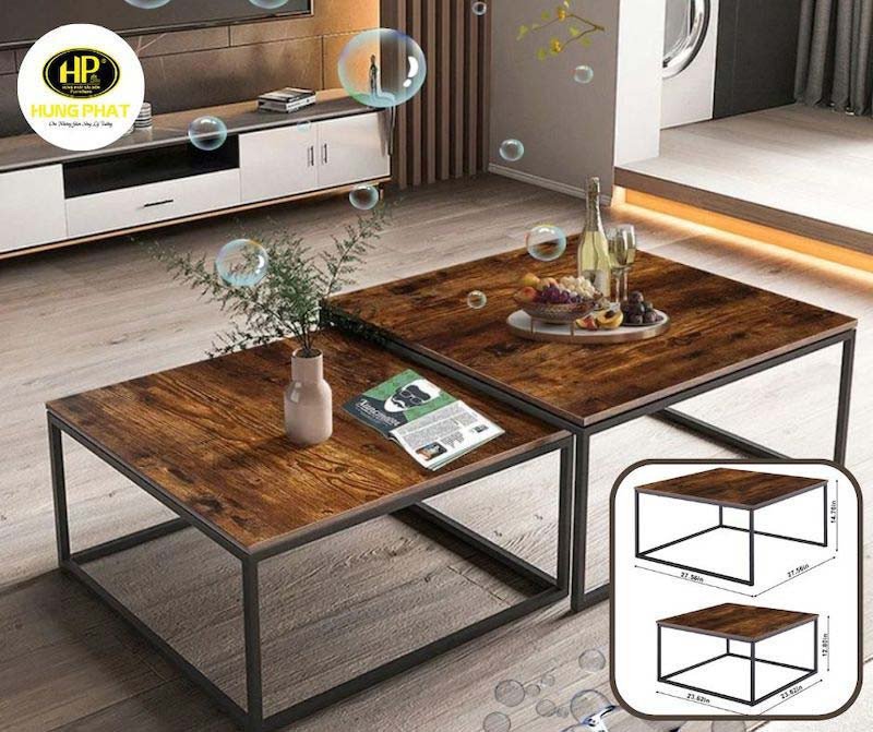 Bộ bàn trà gỗ vuông đôi lồng ghép hiện đại