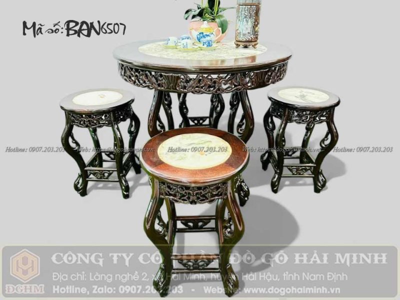 Bộ bàn tròn 4 ghế đôn gỗ gụ với mặt đá tự nhiên cao cấp