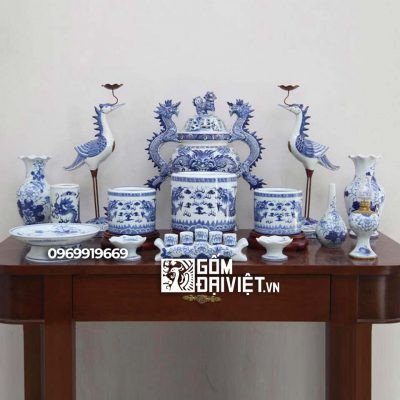 Bộ đồ thờ đầy đủ men lam vẽ rồng men khử cao cấp Bát Tràng