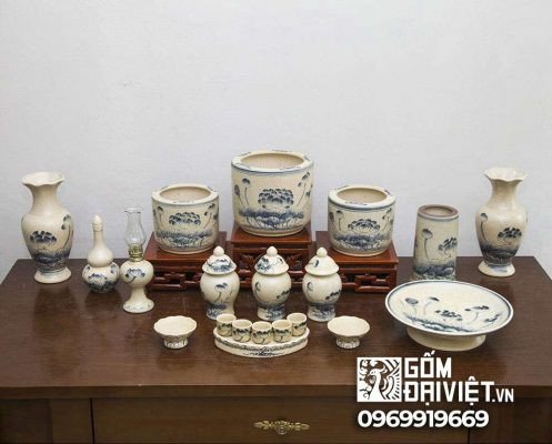 Bộ đồ thờ men rạn giả cổ vẽ sen thờ phật Bát Tràng