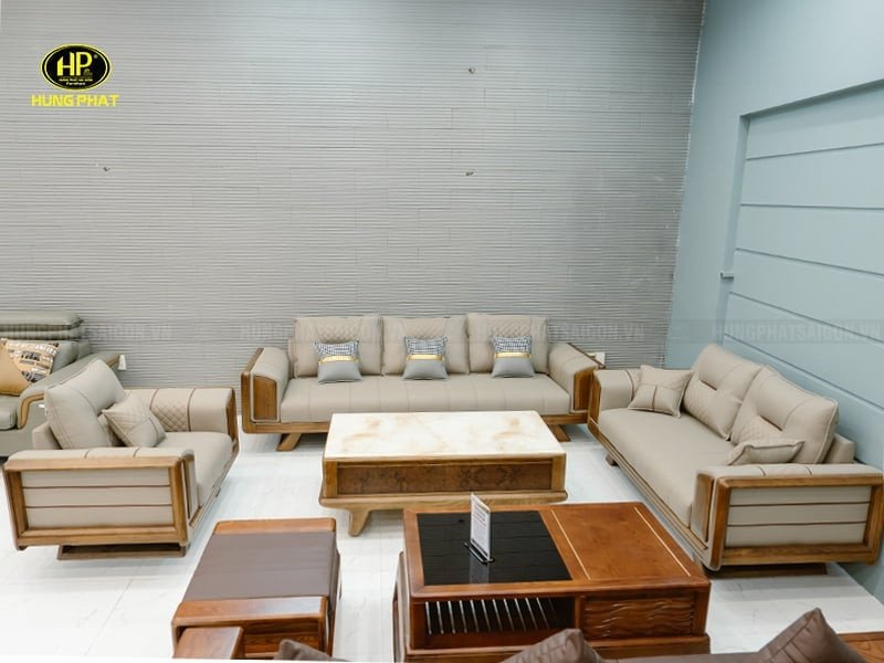 Bộ ghế sofa gỗ sồi bọc da cao cấp và tinh tế