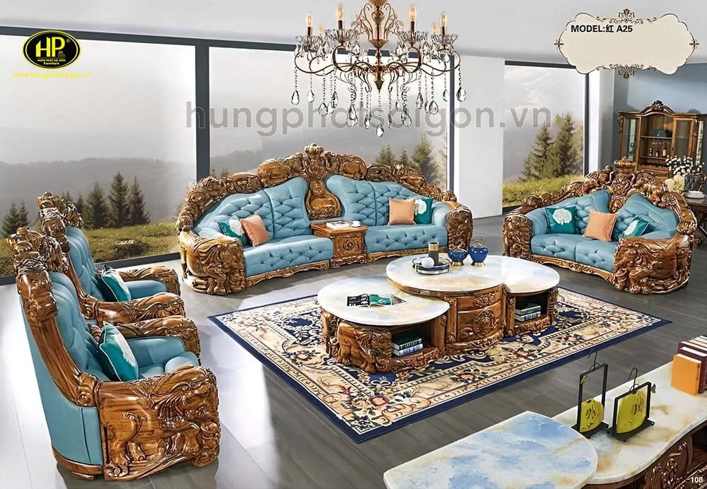 Bộ ghế sofa tân cổ điển bọc da sử dụng gỗ mun