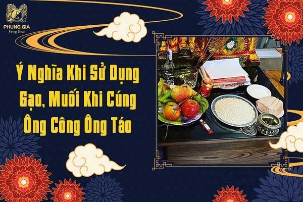 Bộ hũ đựng gạo và muối đẹp mắt trên bàn thờ cúng ông Công ông Táo theo phong tục truyền thống