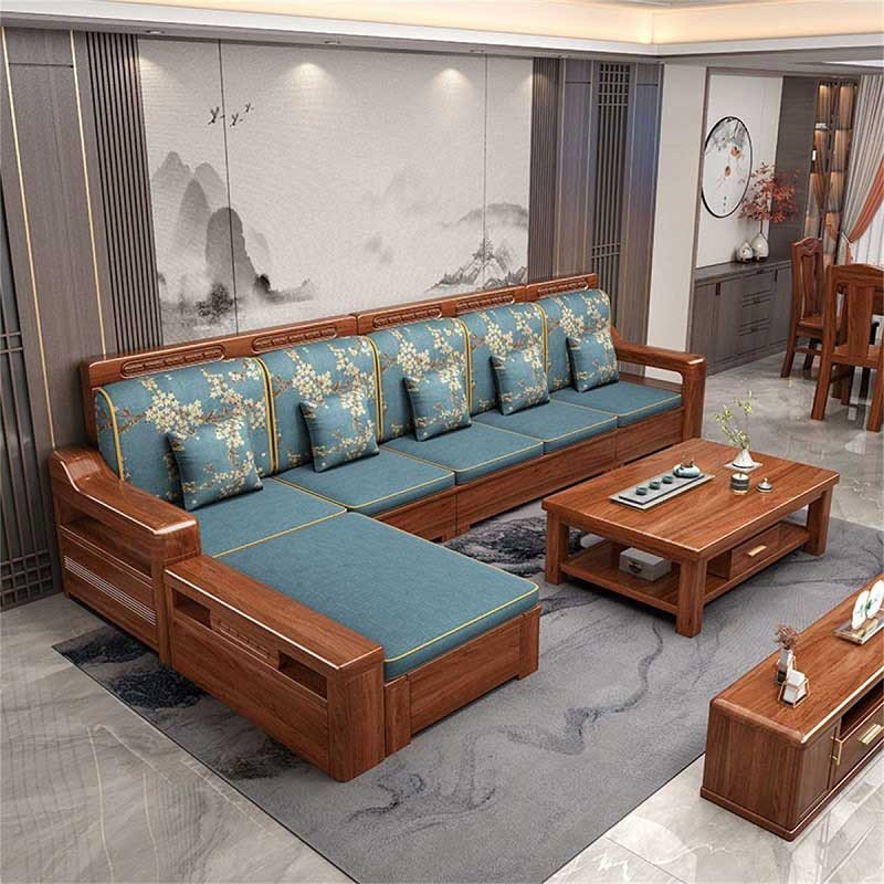 Bộ sofa gỗ gụ kiểu dáng góc L tiện dụng