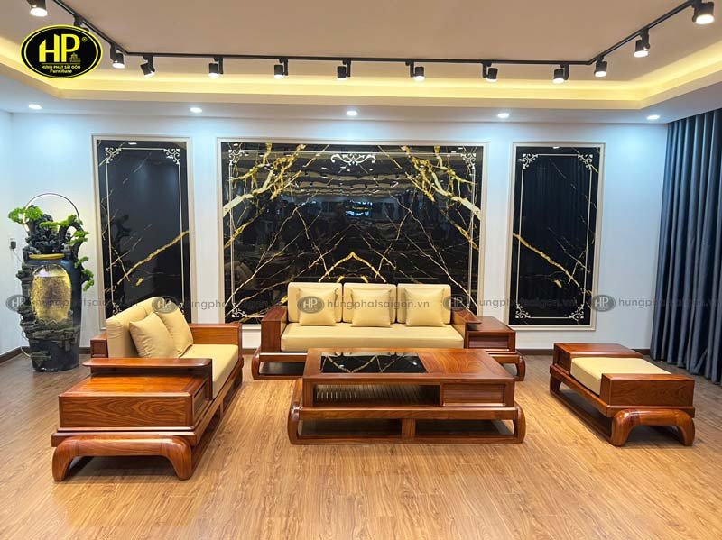 Bộ sofa gỗ Hương Vàng cao cấp với thiết kế hiện đại