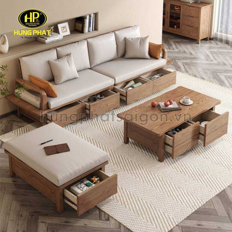 Bộ sofa gỗ lim nhỏ gọn tích hợp ngăn kéo tiện lợi cho căn hộ