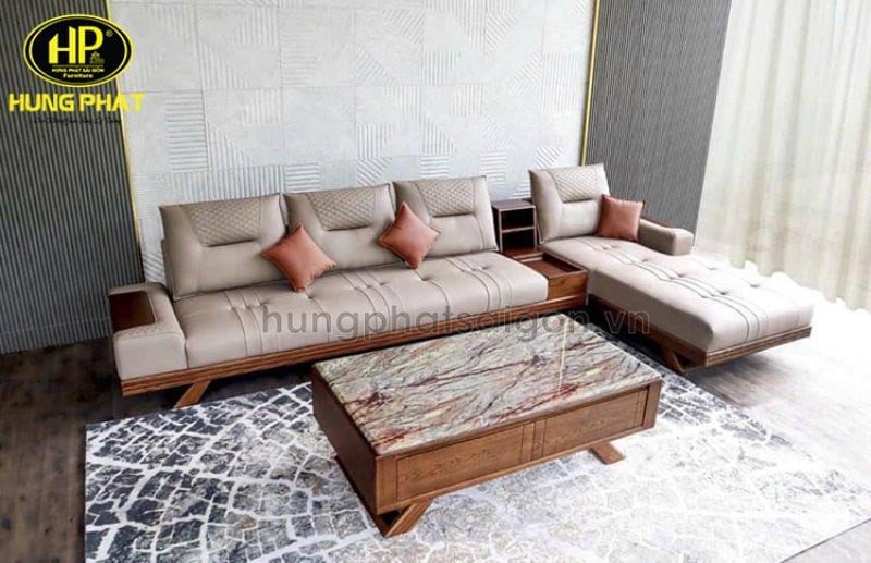 Bộ sofa gỗ nguyên khối chữ L cỡ lớn cho không gian phòng khách rộng rãi