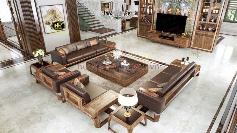 Bộ sofa gỗ óc chó chữ L kích thước lớn phù hợp phòng khách rộng