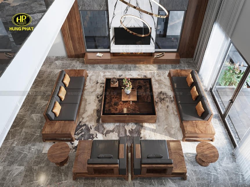 Bộ sofa gỗ óc chó với màu sắc trầm ấm