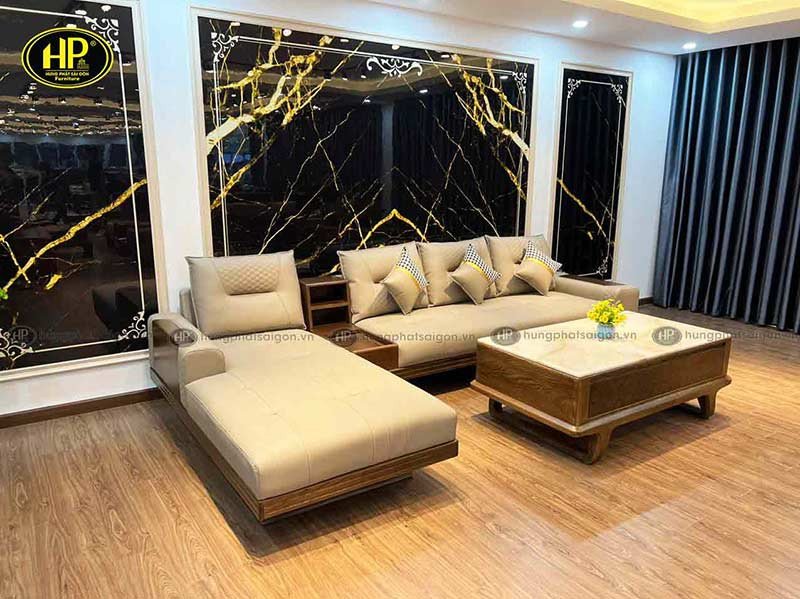 Bộ sofa gỗ sồi chữ L hiện đại cho phòng khách rộng