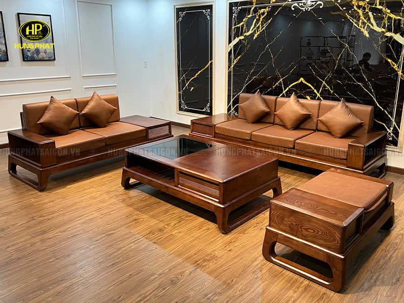 Bộ sofa gỗ sồi sơn màu óc chó mã HS-43A đẹp mắt cho phòng khách