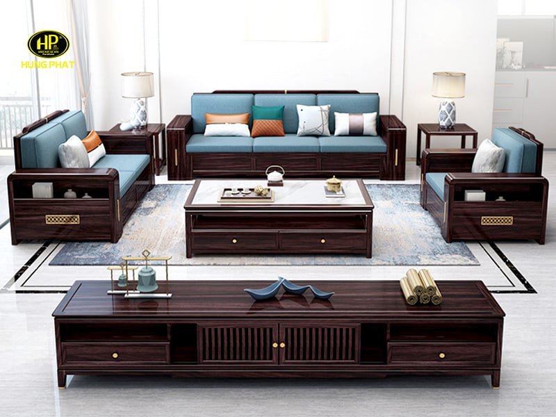 Bộ sofa phòng khách làm từ gỗ hồ đào tự nhiên