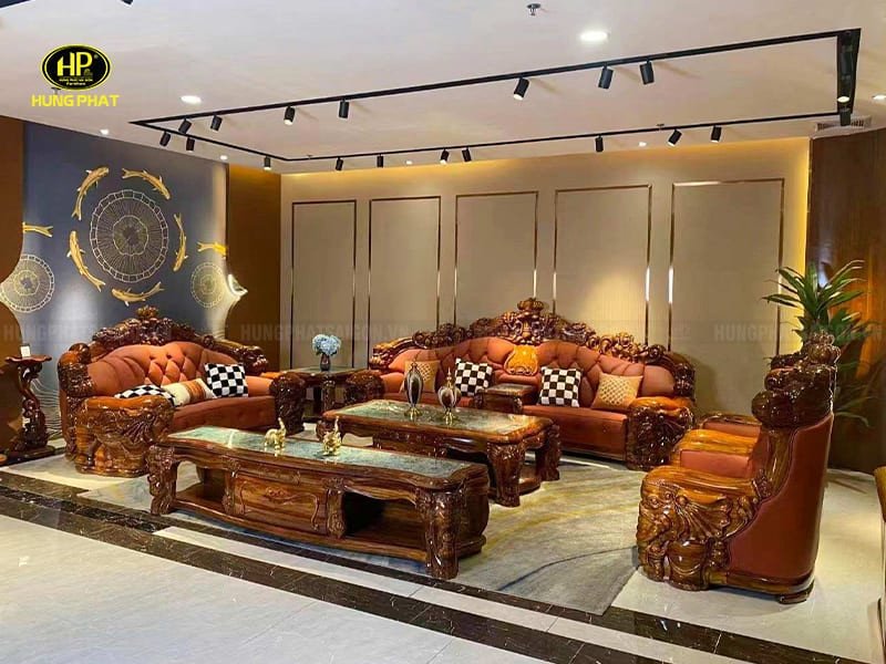 Bộ sofa tân cổ điển bọc da cao cấp với khung gỗ mun chạm khắc tinh xảo