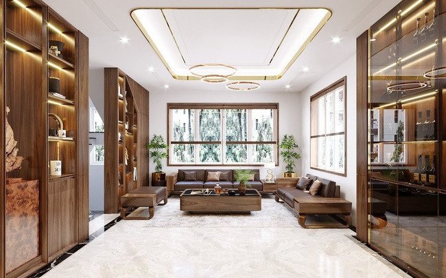 Bộ sofa và bàn trà làm từ gỗ óc chó sang trọng