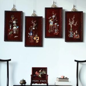 Bộ Tranh Tứ Bình Gỗ Vương Mộc Tử Đàn Khảm Bách Bảo Cao 28cm