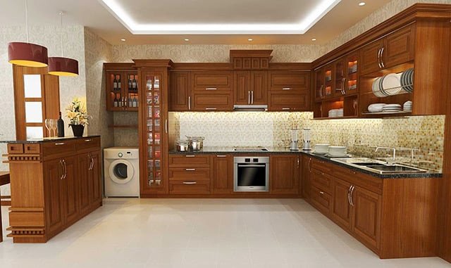 Bộ tủ bếp gỗ gõ đỏ có quầy bar