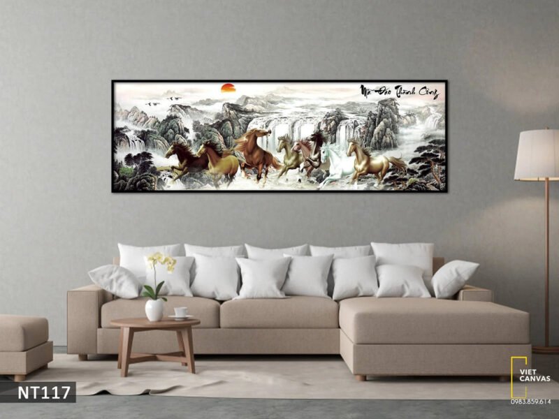 Bức tranh mã đáo thành công phong thủy với tám chú ngựa phi nước đại