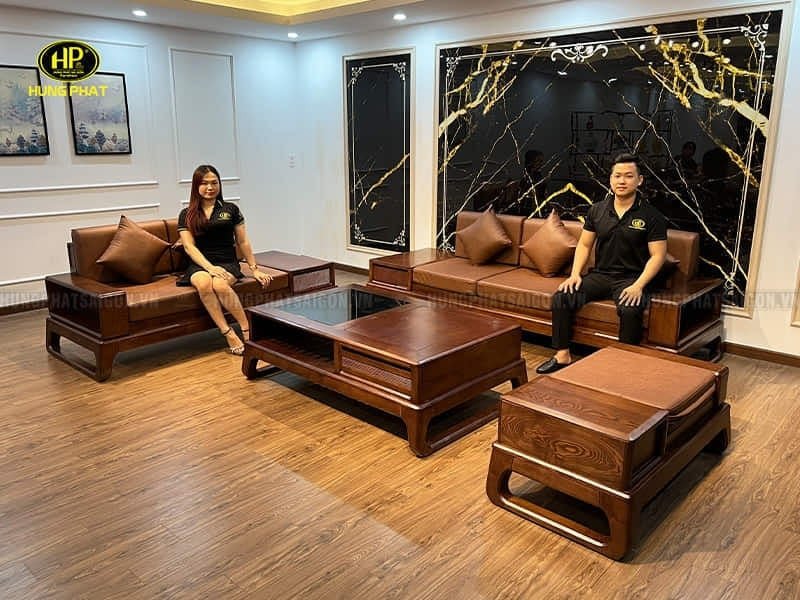 Chi tiết ghế sofa gỗ sồi nhập khẩu sơn màu óc chó