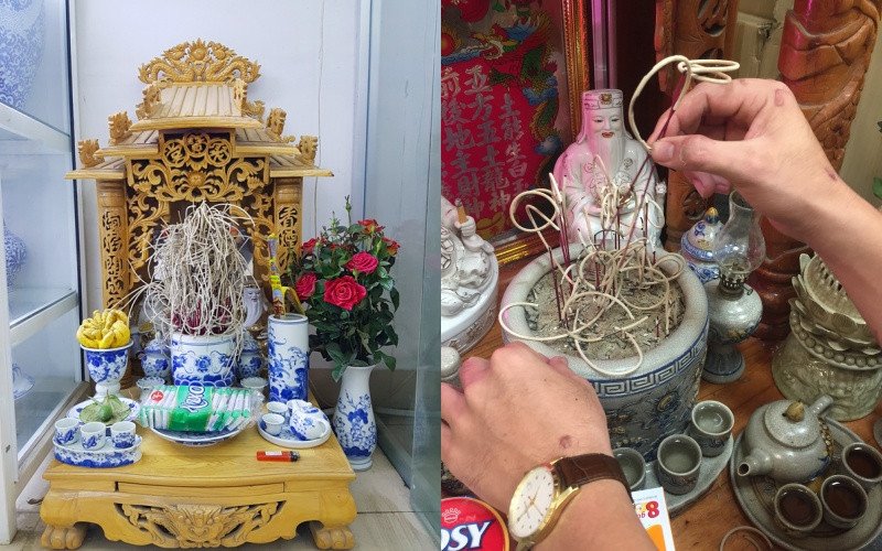 Dọn dẹp lư hương sau khi đọc văn khấn bao sái bàn thờ Thần Tài