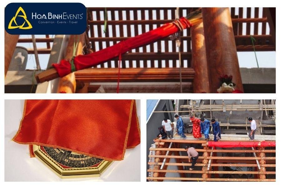 Đòn dông được bọc vải đỏ trong nghi lễ cầu may thượng lương