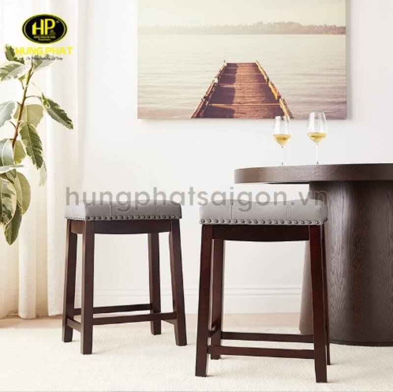 Ghế đẩu gỗ vintage chân cao bọc đệm êm ái