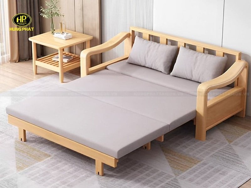 Ghế sofa giường gỗ cao su CL-182 bọc vải màu xám trong phòng khách