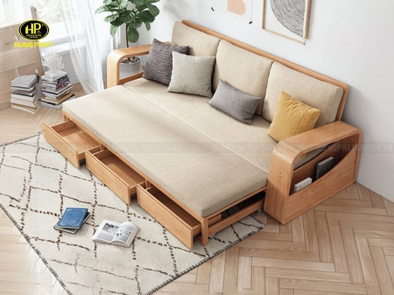 Ghế sofa giường kéo ra thành giường, khung gỗ sồi màu kem hiện đại cho phòng khách