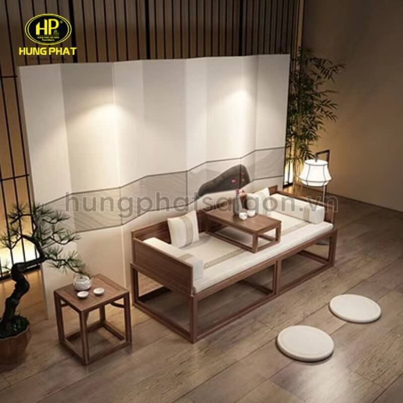 Ghế sofa gỗ dài vintage hình chữ U có bàn trà