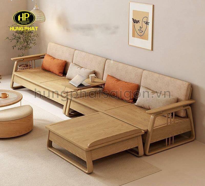 Ghế sofa gỗ vintage góc chữ L màu vàng sáng