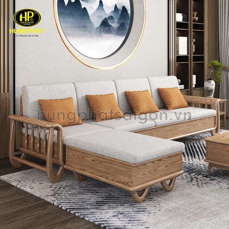 Ghế sopha góc L gỗ vintage thiết kế tay vịn độc đáo