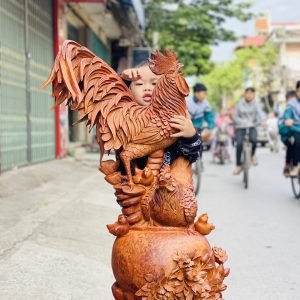 Tượng Gia Đình Gà Gỗ Nu Hương Cám Kít Cao 96cm