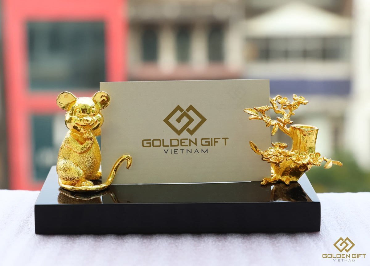 Giá đỡ danh thiếp hình chuột mạ vàng hút tài lộc