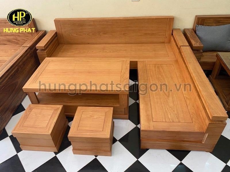 Góc nhìn cận cảnh bộ sofa gỗ hương đá dáng góc chữ L