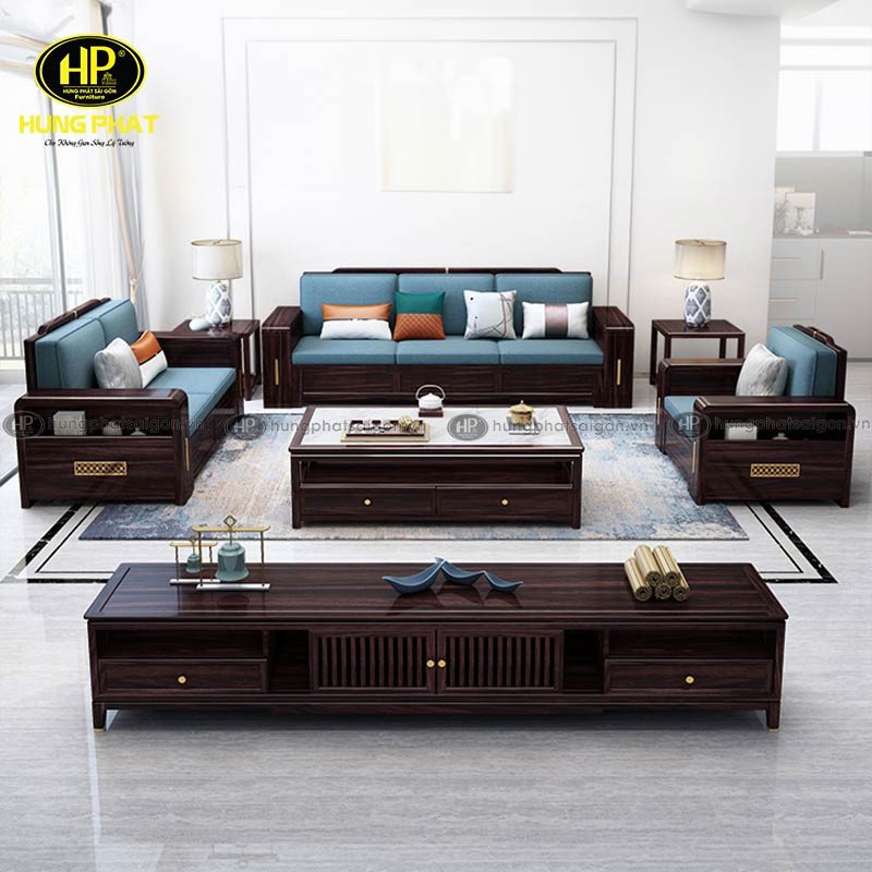 Góc nhìn tổng thể bộ sofa gỗ hồ đào sang trọng