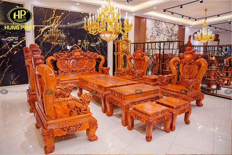 Hình ảnh bộ bàn ghế gỗ hương đá cột 16 với bàn trà và ghế đơn