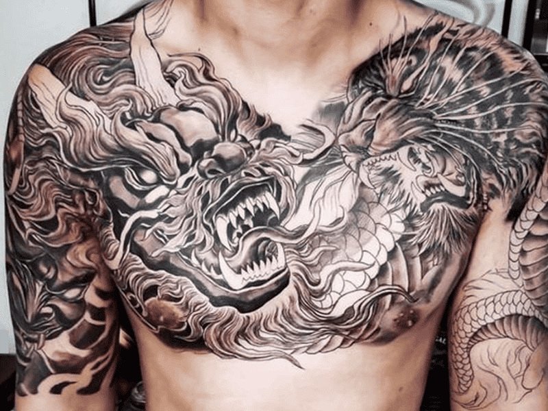 hình xăm hổ và rồng biểu tượng hòa hợp