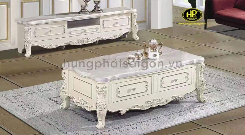 Kệ tivi phong cách tân cổ điển với chi tiết chạm khắc tinh xảo và mặt đá