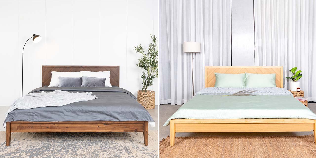 Kiểu dáng giường ngủ gỗ tràm tự nhiên sang trọng, mang đến vẻ đẹp ấm cúng cho phòng ngủ.