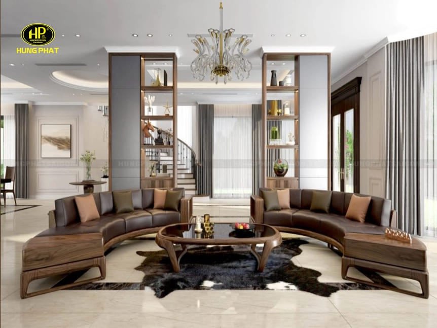 Kiểu dáng sofa gỗ óc chó phù hợp với không gian phòng
