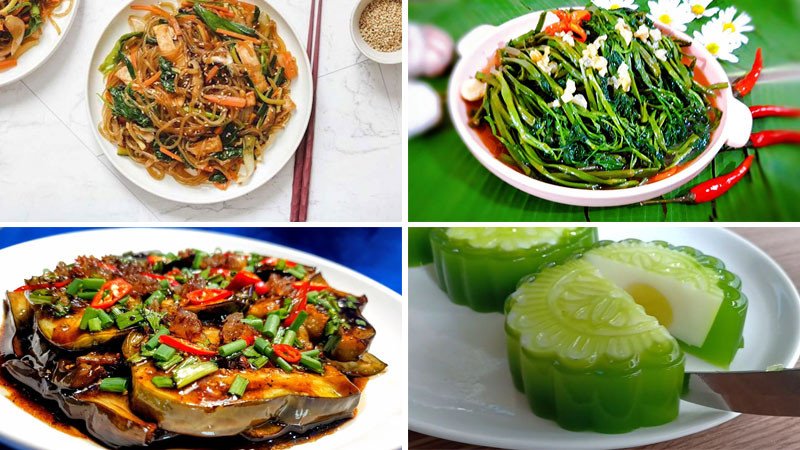 Mâm chay cúng Rằm tháng 7 số 1 với miến trộn, rau muống xào và cà tím sốt dầu hành