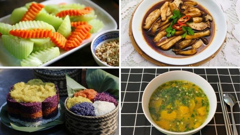 Mâm chay cúng Rằm tháng 7 số 5 với xôi ngũ sắc, bánh chưng chay và nấm đùi gà kho tương