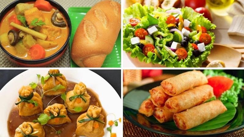 Mâm chay thanh đạm cho Rằm tháng 7 số 4 với đậu hũ bao bố, cà ri chay và salad rau củ