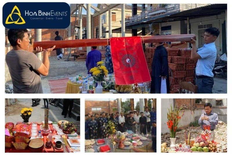 Mâm lễ cúng gác đòn dông trang trọng trong nghi thức cất nóc nhà