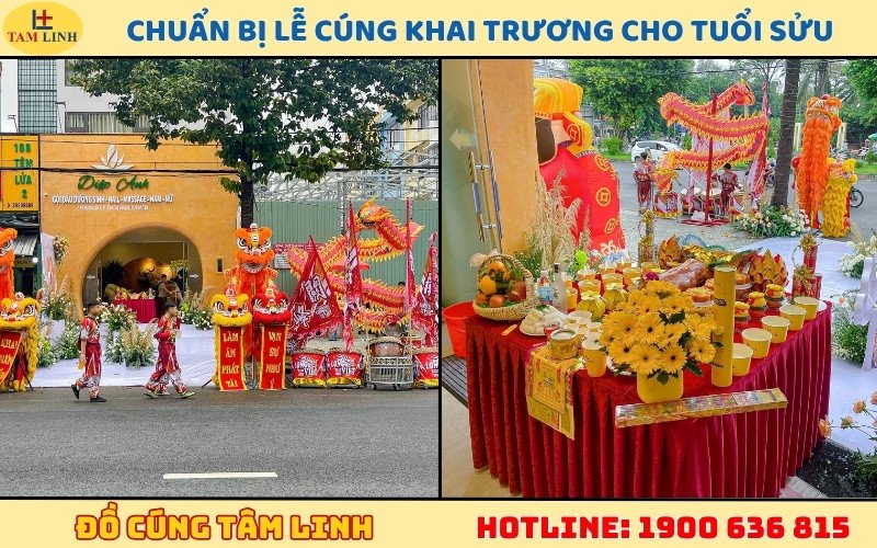 Mâm lễ vật cúng khai trương đầy đủ và trang trọng, chuẩn bị kỹ lưỡng cho gia chủ tuổi Sửu để cầu tài lộc.