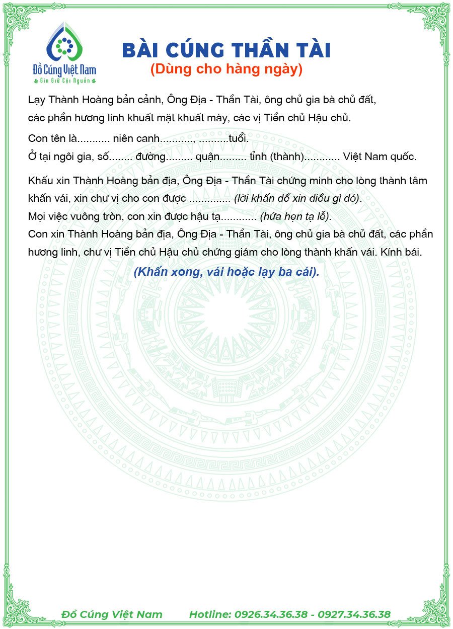 Mẫu bài cúng Ông Địa Thần Tài